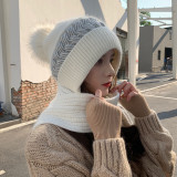 Contrast Color Knitted Beanie Hat with Scarf