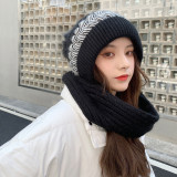 Contrast Color Knitted Beanie Hat with Scarf