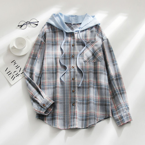 Plaid Hooded T-shirt Breasted Casual Shirt Jacket