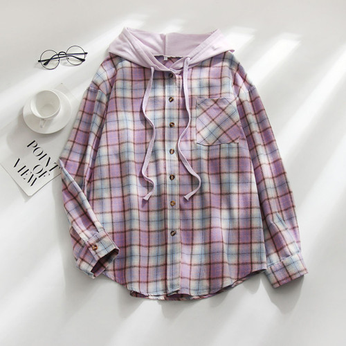Plaid Hooded T-shirt Breasted Casual Shirt Jacket