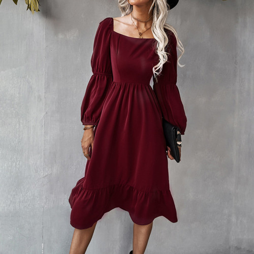 Solid Color Square Neck Lantern Long Sleeve Dress