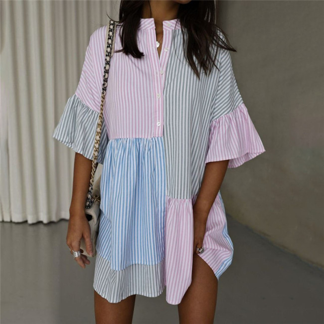 Stripe Contrast Print Short Sleeve Casual Dress