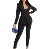 Women Lapel Collar Belt Blazer Suit