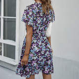 Printed V Neck Short Sleeve A-Line Loose Casual Dress