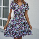 Printed V Neck Short Sleeve A-Line Loose Casual Dress