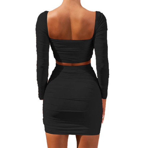 Solid Color Pleated Sexy Crop Top And Mini Skirt Two Piece Set