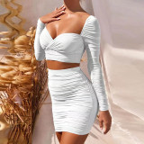 Solid Color Pleated Sexy Crop Top And Mini Skirt Two Piece Set