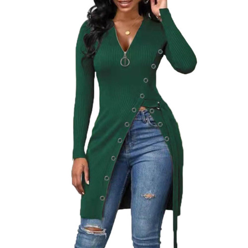 Casual Zipper Long Sleeve High Split Solid Pullover Tops
