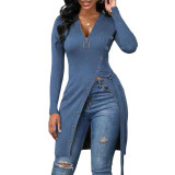 Casual Zipper Long Sleeve High Split Solid Pullover Tops