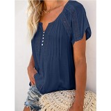 Solid Color Hollow Out Short Sleeve V Neck T-Shirt Top