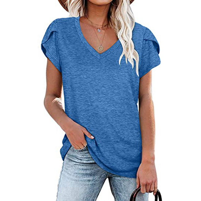 Womens Petal Sleeve Tops V Neck Short Sleeve Shirts