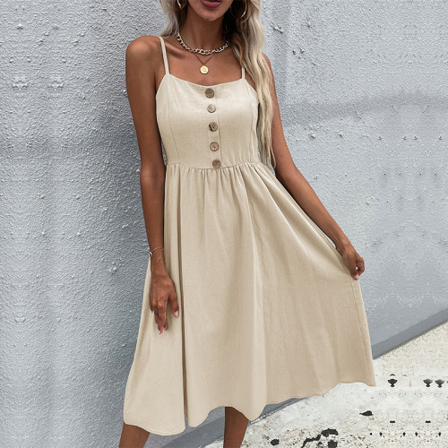 Solid Color Mid-waist Sleeveless Button Dress