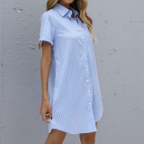 Stripe Short Sleeve Lapel Shirt Dresses without Belt