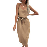 Women Solid Color Sexy Sleeveless Low Neck Dress