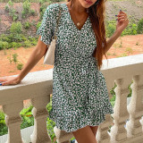 Green Floral Dress Short Sleeve Lace-up V-neck Mini Dress