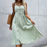 Solid Color Mid-waist Sleeveless Button Dress