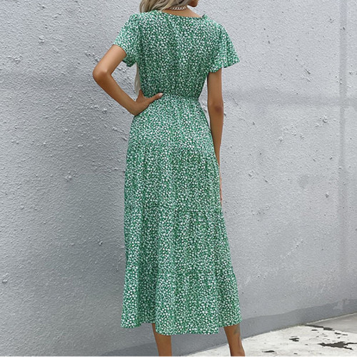 Green Floral Print Short Sleeve V-Neck Sexy Dress