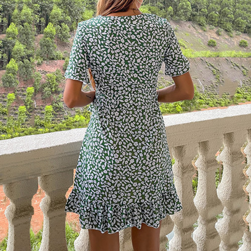 Green Floral Dress Short Sleeve Lace-up V-neck Mini Dress