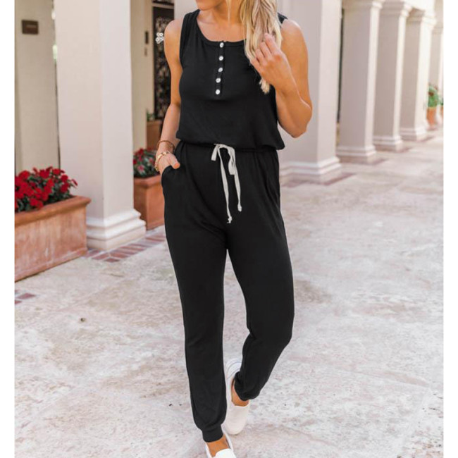 Women Solid Color Drawstring Sleeveless Jumpsuits