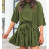 Solid Color Loose T Shirt Drawstring Pleated Skirt Two Piece Set