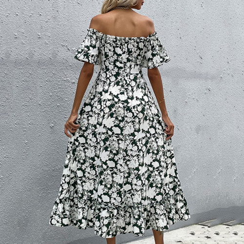 Floral Print Off Shoulder Split Dresses