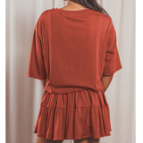 Solid Color Loose T Shirt Drawstring Pleated Skirt Two Piece Set