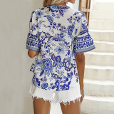 Blue Flower Short Sleeve Seaside Vacation Top