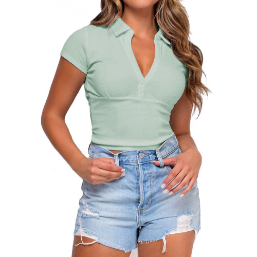 Solid Color Short Sleeve Crop Top Ribbed T-shirt