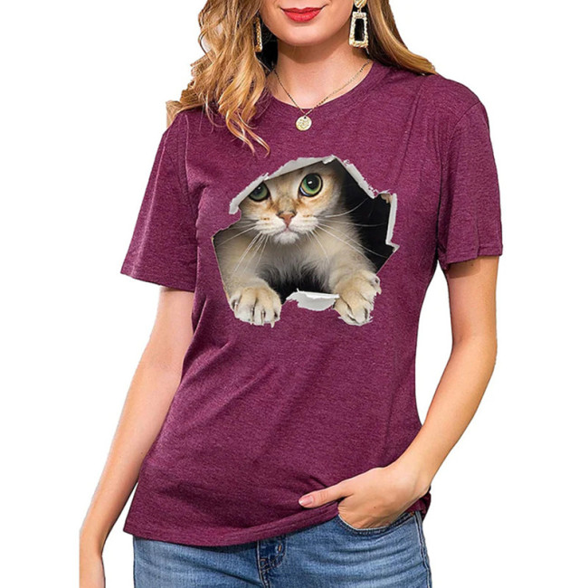 Women Cat Printed Short Sleeve Plus Size T-shirt