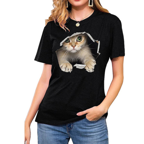 Women Cat Printed Short Sleeve Plus Size T-shirt