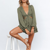 Women's Hollow Out Sexy Deep V Neck Lantern Sleeve Jumpsuits
