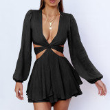 Women's Hollow Out Sexy Deep V Neck Lantern Sleeve Jumpsuits