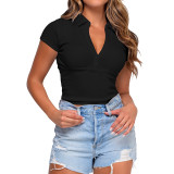 Solid Color Short Sleeve Crop Top Ribbed T-shirt