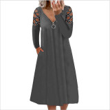 Solid Color Hollow Out Long Sleeve Casual Loose Dress