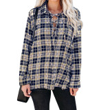 Lapel Lace Up Loose Casual Plaid Shirt