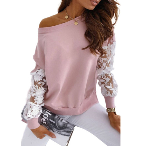 Lace Long Sleeve Crewneck Pullover Tops