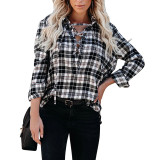 Lapel Lace Up Loose Casual Plaid Shirt