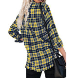 Lapel Lace Up Loose Casual Plaid Shirt