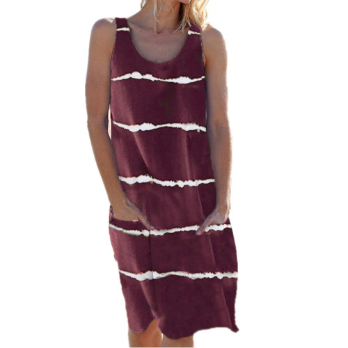 Crew Neck Stripe Printed Pocket Plus Size Dress