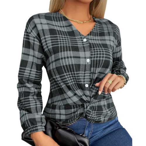 Plaid V-neck Sexy Long Sleeve Button Top