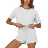 Women Solid Round Neck Crop Top Two Pieces Shorts Sets