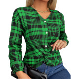 Plaid V-neck Sexy Long Sleeve Button Top