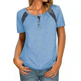Striped Short Sleeve Round Neck Button Tee Tops