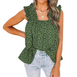 Floral Print Vest Square Neck Sleeveless Ruffle Top