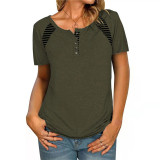 Striped Short Sleeve Round Neck Button Tee Tops