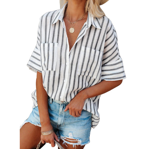 Striped Short Sleeve Shirt Single-breasted Blouse