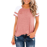 Women Short Sleeve Contrast Color Stitching T-shirt Top