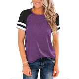 Women Short Sleeve Contrast Color Stitching T-shirt Top