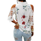 Floral Print Off Shoulder Lace Long Sleeve T-shirt