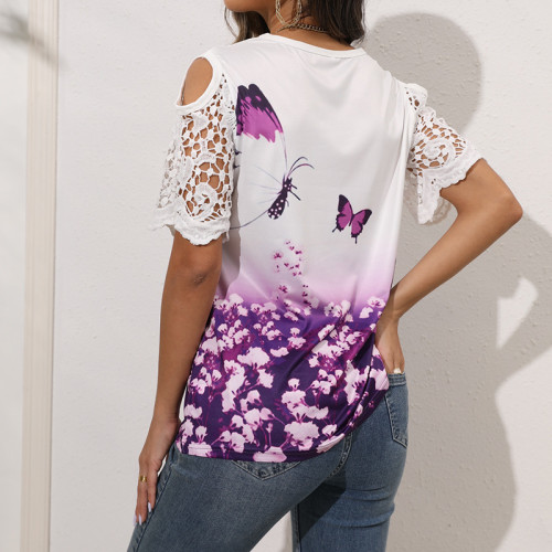 Butterfly Print Lace V-neck Short Sleeve T-shirt
